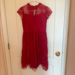 Joyfolie Red Mock Neck Flutter Sleeve Lace Dress